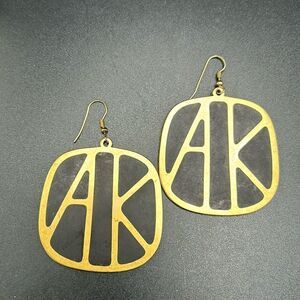 VTG 1980s Anne Klein Large Logo Black Gold Tone Earrings